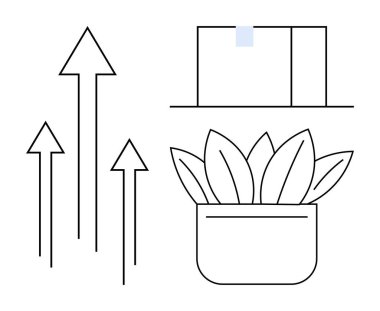Büyümeyi gösteren oklar, sürdürülebilirliği sembolize eden saksı bitkisi ve çalışma alanı elementleri. Büyüme, sürdürülebilirlik, başarı, üretkenlik, gelişim, eko-dostluk modern tasarım için idealdir. A