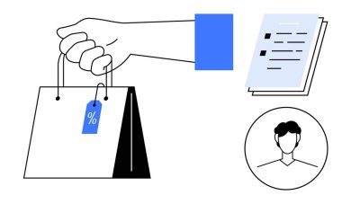 İndirim etiketli el çantası, doküman yığını ve profil avatarı. Pazarlama, alışveriş, perakende, analitik, müşteri hizmetleri tüketici profili satış stratejileri için idealdir. Basit.