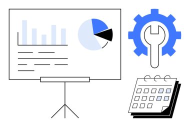 Bir tahta, takvim ve anahtarlı çubuk grafik ve pasta grafiği veri görselleştirmesi, zaman çizelgesi çizelgesi ve işlem iyileştirmesini vurguluyor. Strateji, üretkenlik, hedefler, iş akışı için ideal