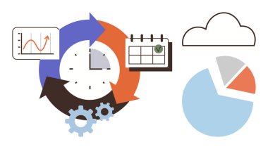 Bir saati çizelgeler, dişliler ve bir bulut ile çevreleyen oklar zaman izleme, veri analizi, proje planlama ve tahminleri temsil eder. İş akışı yönetimi, planlama ve analitik verimlilik için ideal