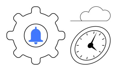 Çan simgesi, analog saat, ve bulut resimleme bildirimi kurulumu, zaman yönetimi ve bulut hesaplama ile donanım. Dijital araçlar, üretkenlik, organizasyon, otomasyon ve kullanıcı uyarıları için ideal
