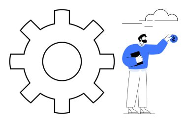 Sistemi ve verimliliği sembolize eden büyük dişli, elinde belgeler ve fikir diski tutan adam. Teknoloji, takım çalışması, mühendislik, yenilik, yaratıcılık, yönetim, dengeli çözümler için ideal basit düz