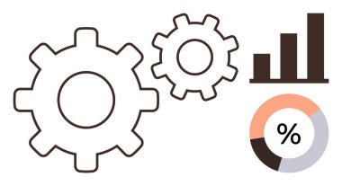 Verimlilik, iş akışı ve analitik kavramlarını vurgulayan bar ve pasta grafiklerine komşu vitesler. İş, teknoloji, verimlilik, strateji, takım çalışması, ilerleme görselleştirme ve veri için ideal