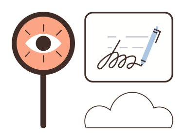 Göz büyüteç, kalem resimli dijital imza defteri ve bulut simgesi. Güvenlik, e-imza, gizlilik, kimlik doğrulama, bulut depolama, dijital çalışma için ideal basit düz metafor