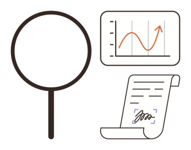 Büyüteç, yükselen trend grafiği ve imzalanmış belge vurgulama araştırması, analitik, sözleşme doğrulama. Denetleme, veri analizi, iş büyümesi, hukuki inceleme görüşleri için ideal