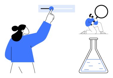 İnsan bir kontrol düğmesini kaydırır, diğeri büyüteçle veriyi inceler ve kimyasal şişe de analiz ve araştırmayı temsil eder. Teknoloji, araştırma, bilim, kullanıcı etkileşimi için ideal