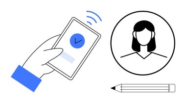 Görev işaretini tamamlamış bir telefon, daire çizen bir kadın avatar, alttaki kalem. İletişim kavramları, çevrimiçi profiller, kimlik, görev yönetimi, onay, kullanıcı arayüzü için ideal