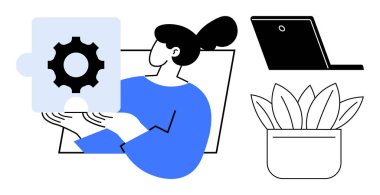 Kadın temalı yapboz parçalarını inceliyor, problem çözme anlamına geliyor. Bitişik dizüstü bilgisayar ve bitki iş-yaşam dengesini temsil ediyor. Takım çalışması, üretkenlik, yenilik, strateji ve işbirliği için ideal