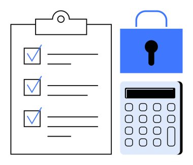 Kontrol işaretli kontrol listesi, güvenli bir asma kilit ve hesap makinesi görevleri, mali yönetimi, veri güvenliğini ve uyumu vurguluyor. Üretkenlik, organizasyon ve finans güvenliği denetimi için ideal