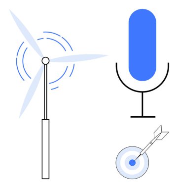 Rüzgar türbini enerji üretiyor, mavi mikrofon iletişimi sembolize ediyor, oklu dart tahtası odak ve başarıyı temsil ediyor. Sürdürülebilirlik, yenilik, hedefler, teknoloji, takım çalışması için ideal