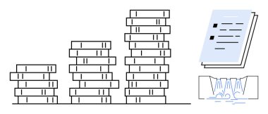 Yükselen üç kitap yığını, bir kontrol listesi belgesi ve akan bir su temsilcisi. Eğitim, büyüme, öğrenme, organizasyon, ilerleme planlama sürdürülebilirliği için idealdir. Basit.