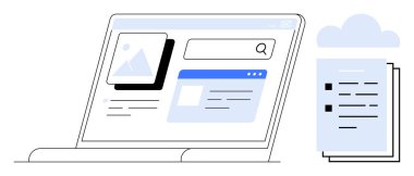 Bulut depolama simgesinin yanında belge araması, resim önizlemesi ve dosya listesini içeren UI ögeleri içeren dizüstü bilgisayarı aç. Bulut teknolojisi, dosya paylaşımı, üretkenlik, iş akışı, dijital organizasyon için ideal