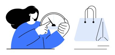 Kadın, tüketici alışkanlıklarını, hedeflerini veya başarısını temsil eden bir alışveriş çantasının yanında hız göstergesi ya da ilerlemeyi simgeleyen bir hız göstergesi ile meşgul. Perakende, üretkenlik, hedefler, alışveriş kararları için ideal