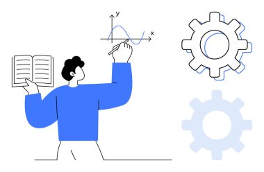 Üzerinde dişli çarklar olan, üstü açık çizim grafiği olan kişi. Eğitim, bilim, yenilik, gelişme, analiz, yaratıcılık ekip çalışması için idealdir. Temiz, düz metafor