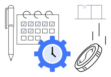 Kalem, takvim, saat, bozuk para ve görevleri, teslim tarihlerini, verimliliği ve kazancı temsil eden çubuklar. Zaman yönetimi verimlilik finans işini planlamak için ideal