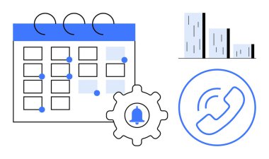 İşaretli olaylar takvimi, uyarı zili, bar grafiği ve telefon çağrısı ikonu ile donanım verimliliği ve iletişimi vurguluyor. Planlama, organizasyon, analiz, zamanlama, takım çalışması için ideal