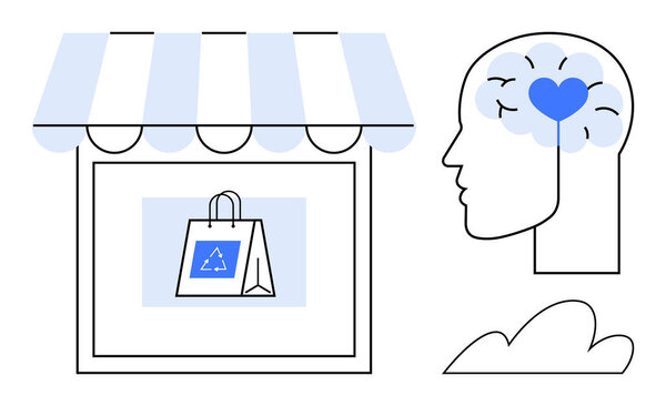 Eco-friendly shopping bag under a store canopy alongside a human head with a heart in the brain. Ideal for sustainability, eco-consciousness, mental health, shopping, retail, self-care, mindful
