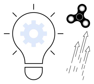 Dişli ampul yeniliği simgeler, fırıldak odağı simgeler ve yukarı doğru oklar da büyüme, momentum ve ilerlemeyi simgeler. Takım çalışması, yaratıcılık, beyin fırtınası, verimlilik için ideal.