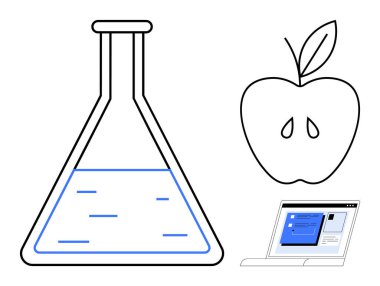 Sıvı bir laboratuvar şişesi, yapraklı bir elma çizgisi ve arayüz elementleriyle bir laptop ekranı aç. Bilim, eğitim, teknoloji, yenilik, araştırma ve e-öğrenim sağlığı için idealdir. Basit düz
