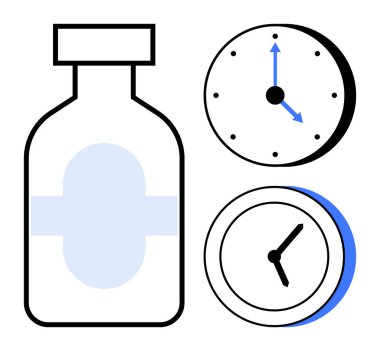 Farklı saatleri gösteren iki analog saatin yanındaki ilaç şişesi. Sağlık, zamanlama, verimlilik, programlar, rutinler, tıbbi bakım ve hatırlatmalar için idealdir. Basit düz metafor