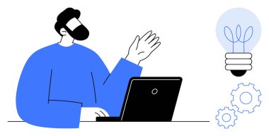 Dizüstü bilgisayarın yanında parlak bir ampul ve vites gibi fikirler sunan kişi yaratıcılığı ve takım çalışmasını sembolize eder. Yenilik, iş iletişimi, teknoloji, beyin fırtınası ve eğitim için ideal