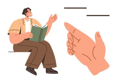Elinde açık bir kitap tutan ve konuşurken işaret eden biri, odaklanmış bir şekilde. İletişim, eğitim, hikaye anlatma, öğrenme, konuşma ve topluluk önünde konuşma için ideal. Basit.