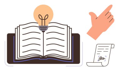 Bilgiyi sembolize eden, el hareketini işaret eden ve imzalı belgeyi simgeleyen parlak ampullü kitabı aç. Eğitim için ideal, ilham, yaratıcılık, fikirler, öğrenme, entellektüel büyüme yeniliği