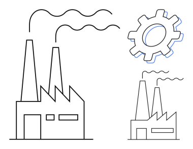Duman yayan iki bacalı fabrika, açısal endüstriyel bina, büyük teçhizat. Sanayi, imalat, üretim süreci, yenilik, iş verimliliği, sanayileşme için ideal basit