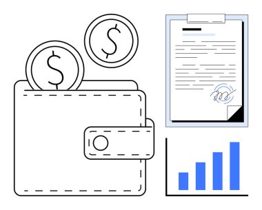 İçinde madeni paralar, imzalı sözleşmeler ve mali yönetim, anlaşmalar, yatırım, ticaret, strateji, bütçe ve büyüme olanaklarını gösteren bar tablosu bulunan cüzdan. Basit düz metafor