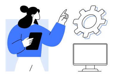 Elinde tablet jestleri tutan kadın, işbirliğini, yeniliği ve problem çözmeyi sembolize ediyor. Takım çalışması, teknoloji, üretkenlik, iş akışı, yazılım sektörü için ideal