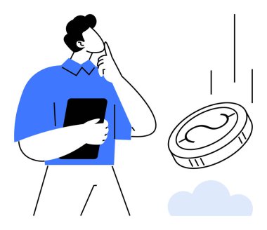 Tableti tutan düşünceli bir adam madeni para düşünce yatırım, tasarruf ya da ekonomi öneriyor. Finans, iş stratejisi, karar verme, planlama, ekonomik gelecek için idealdir.