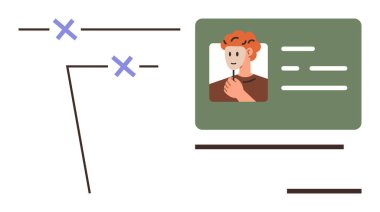 Soyut çizgilerin ve haçların yanında kimlik kartı ve detaylar. Kimlik sunumu, güvenlik, doğrulama, erişim, teknoloji, organizasyonel tema, seyahat için ideal. Düz