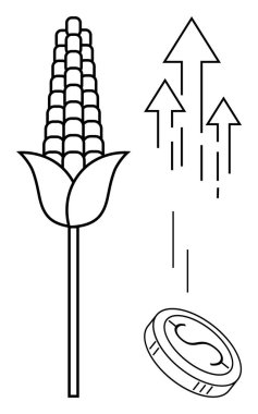 Yukarı bakan okların yanında mısır sapı ve para tarımdaki ekonomik büyümeyi sembolize ediyor. Çiftçilik, tarım sektörü, sürdürülebilirlik, kâr, gıda üretimi, ekonomi ve ekolojik bilinç artışı için ideal