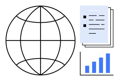 Küresel bağlantıyı sembolize eden bir dünya, maddeli belgeler ve bir bar çizelgesi. İş için ideal, istatistik, iletişim, araştırma, veri geliştirme stratejisi. Basit düz