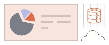 Metin tutucuları olan turta grafiği, ızgaralı veritabanı diyagramı ve bulut sembolü. Analiz, finans, teknoloji, büyük veriler, bulut hesaplama istatistik veritabanı yönetimi için ideal. Basit düz