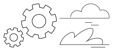 Endüstriyi ve üretkenliği sembolize eden iki iç içe geçmiş vites doğa ve denge için bulutlarla eşleştirildi. Teknoloji, yenilik, çevre, sürdürülebilirlik, mekanik, yaratıcılık, ilerleme için ideal