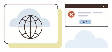 Globe, OK tuşlu tarayıcı hatası içeren bulut depolama arkaplanına karşı özetlendi. Bulut servisi sorunları, veri yönetimi, küresel ağ, İnternet hatası, güvenlik, yazılım hatası için ideal