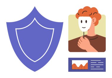 Güvenliği simgeleyen büyük bir kalkan, gizliliği simgeleyen bireysel maske ve analizi temsil eden küçük veri tabloları. Siber güvenlik, kimlik koruması, çevrimiçi güvenlik, mahremiyet için ideal