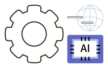 Dişlileri sembolize eden endüstri, yapay zeka için yapay zeka çipi ve küresel ağ için küreselleşme. Otomasyon, yenilik, makine öğrenimi, bağlantı, robotik, mühendislik ve teknoloji için ideal