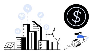 Güneş panelleri, rüzgar türbinleri, bağlantı ikonları, para sembolü, jet fütüristik tasarımı olan kişi. Sürdürülebilirlik, yenilik, akıllı teknoloji, yeşil enerji finans kenti için ideal