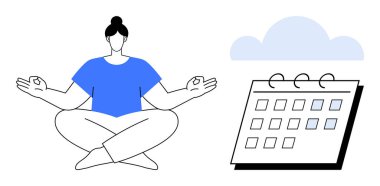 Nilüfer pozisyonunda meditasyon yapan bir kadın. Vurgulanmış takvim. Sakinleştirici bulut. Farkındalık, zaman yönetimi, sağIık, zihinsel berraklık, verimlilik, kişisel stres azaltma için idealdir. Basit düz