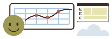 Veriler, kontrol listeleri ve bulutlarla birlikte yükselen trend çizelgesinin yanında mutlu yüz. Başarı, ilerleme, analitik, üretkenlik, hedef izleme, müşteri memnuniyeti için ideal basit düz metafor