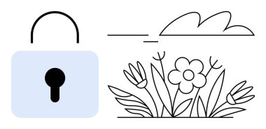 Asma kilit, bulut ve çiçek açan çiçekler güvenlik, uyum, gizlilik, koruma, büyüme güvenliği ortamı ve dengeyi temsil ediyor. Veri ekolojisi ve sürdürülebilir canlı temaları için ideal. Basit düz