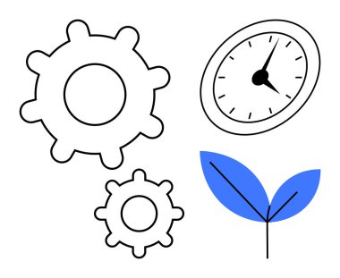 Zaman yönetimi, verimlilik ve sürdürülebilir büyüme kavramını oluşturan dişliler, saat ve yaprak. İş için ideal, yenilik, eko-bilinç, verimlilik geliştirme mühendisliği
