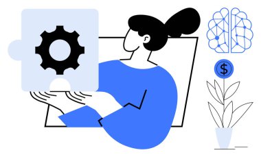 Elinde yapboz tutan kadın. Yapay zeka olarak beyin, bitkisel büyüme, yenilik, problem çözme, teknoloji, takım çalışması, yapay zeka büyümeyi finanse eder. İşbirliği için ideal yaratıcılık için basit düz metafor