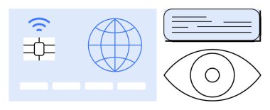 Çip ve kablosuz ikona sahip akıllı kart, küresel bağlantıyı temsil eden küre, güvenliği simgeleyen göz. Gizlilik için ideal, siber güvenlik, çevrimiçi işlemler, veri koruması, gözetim
