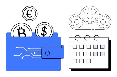 Bitcoin, Dollar, Euro bozuklukları, takvim ve vitesli mavi cüzdan. Finans, kripto para birimi, zaman yönetimi planlama teknolojisi için ideal. Basit düz metafor