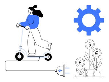 Elektrikli scooterlı bir kadın, şarj prizi, mavi dişli ve döviz sembollü para santralleri. Sürdürülebilirlik, yenilik, eko-ulaşım, yeşil teknoloji, ekonomi enerji kullanımı için ideal