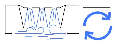 Suyun diyagramı birden fazla prizden geçerek geri dönüşümü sembolize eden dairesel oklarla dolu bir havzaya akıyor. Sürdürülebilirlik, su tedavisi, koruma, çevre dostu sistemler ve yenilenebilir enerji için ideal