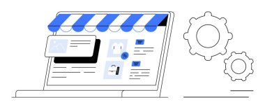 Çizgili bir mağaza tepe örtüsünün altında dizüstü bilgisayarın özelleştirme için vites simgelerini göstermesi. Çevrimiçi alışveriş, pazarlama, e-ticaret, web tasarımı, dijital iş, optimizasyon için ideal